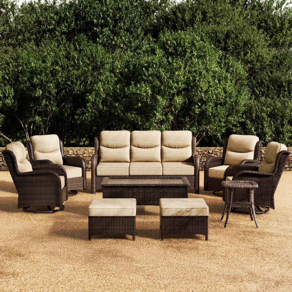 Hawthorne Sand Wicker Furniture Patio Sofa And Swivel Glider Chairs With 6-Inch Cushions