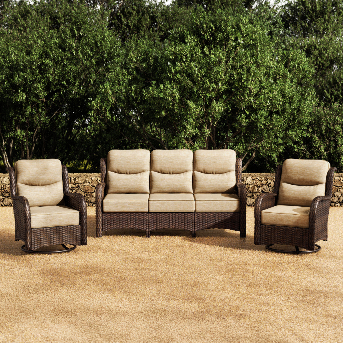 Hawthorne Sand Wicker Furniture Patio Sofa And Swivel Glider Chairs With 6-Inch Cushions