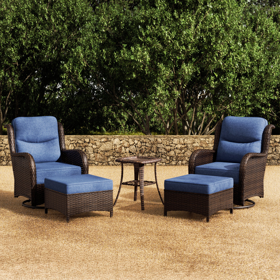 Hawthorne 5 Piece Outdoor Wicker Conversation Set With  Side Table & Ottomans For Balcony