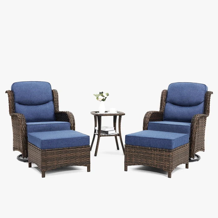 Hawthorne 5 Piece Outdoor Wicker Conversation Set With  Side Table & Ottomans For Balcony