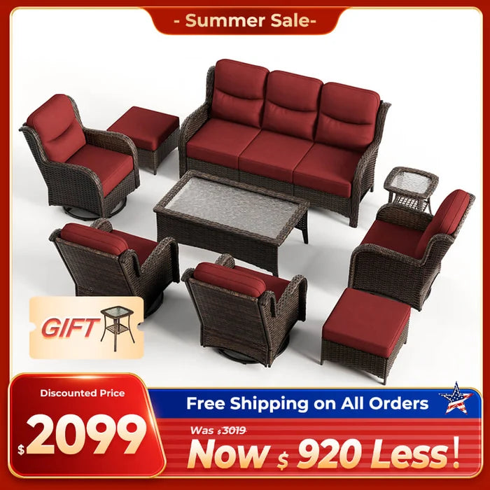 Hawthorne 9 Pieces All Weather Outdoor Wicker Sofa Set with Tables and Cushions for Backyard