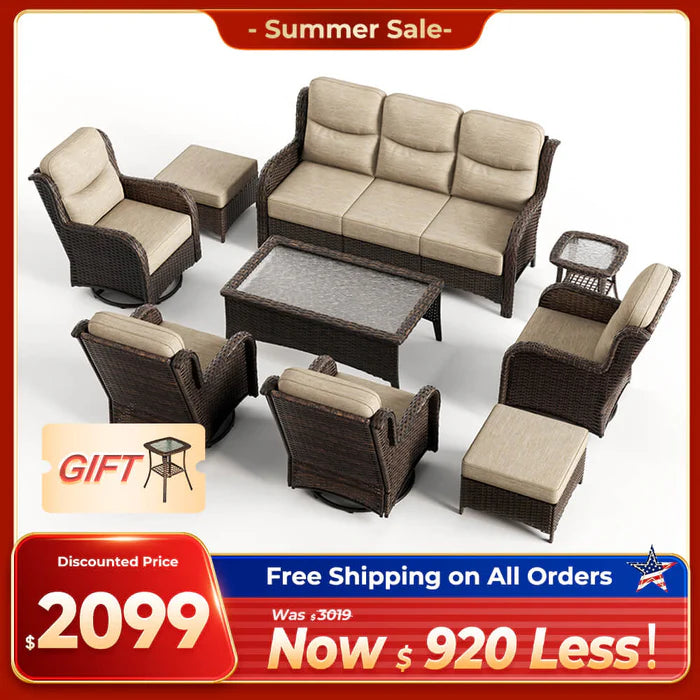 Hawthorne 9 Pieces All Weather Outdoor Wicker Sofa Set with Tables and Cushions for Backyard