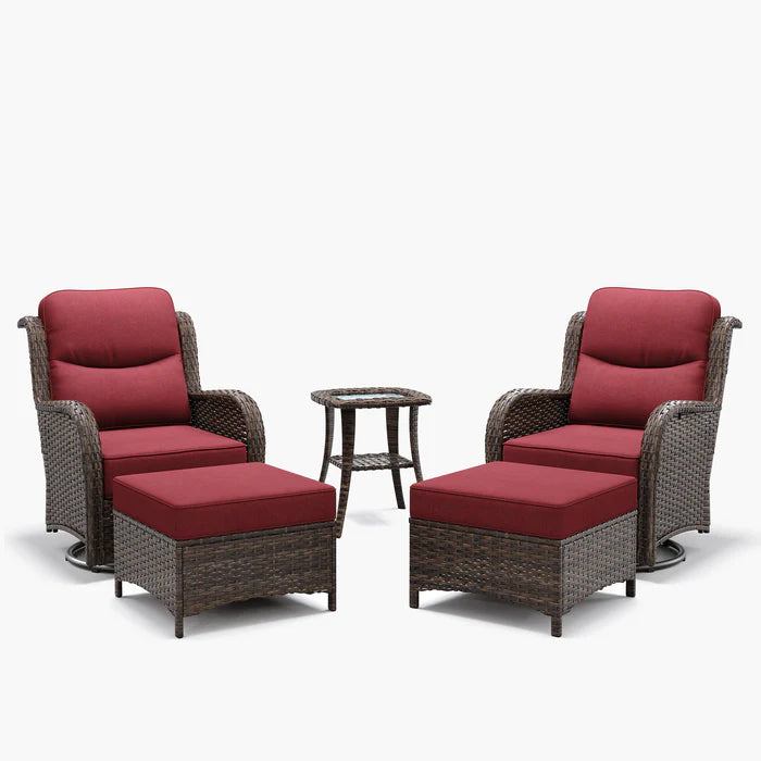 Hawthorne 5 Piece Outdoor Wicker Conversation Set With  Side Table & Ottomans For Balcony