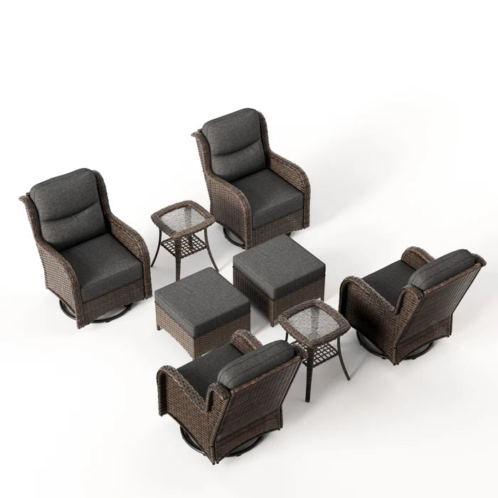Hawthorne 8 Piece Patio Rattan Swivel Gliding Conversation Set With Side Tables & Ottomans For Backyard