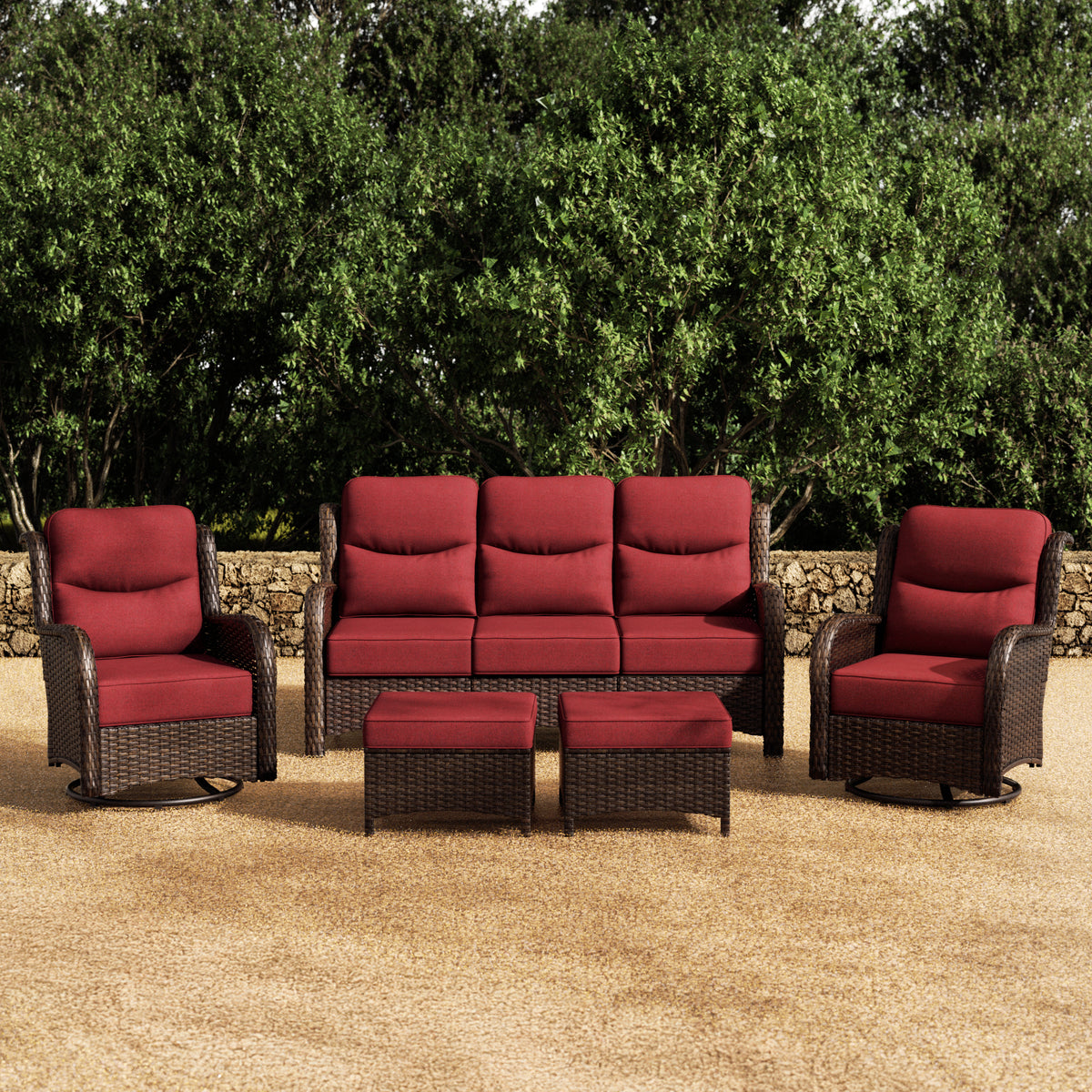 Hawthorne Wicker Furniture Patio Red Sofa And Swivel Glider Chairs With 6-Inch Cushions