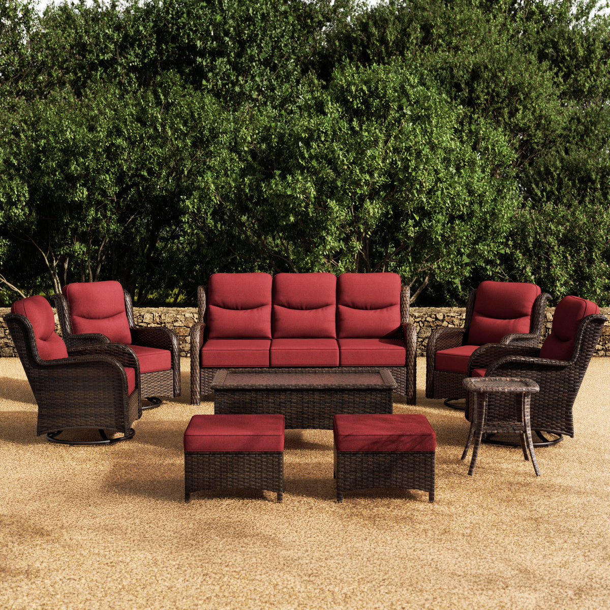 Hawthorne Wicker Furniture Patio Red Sofa And Swivel Glider Chairs With 6-Inch Cushions