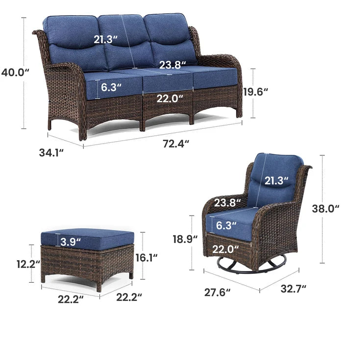 Hawthorne 5 Piece Patio Rattan Sofa Set with Swivel Chairs & Ottomans