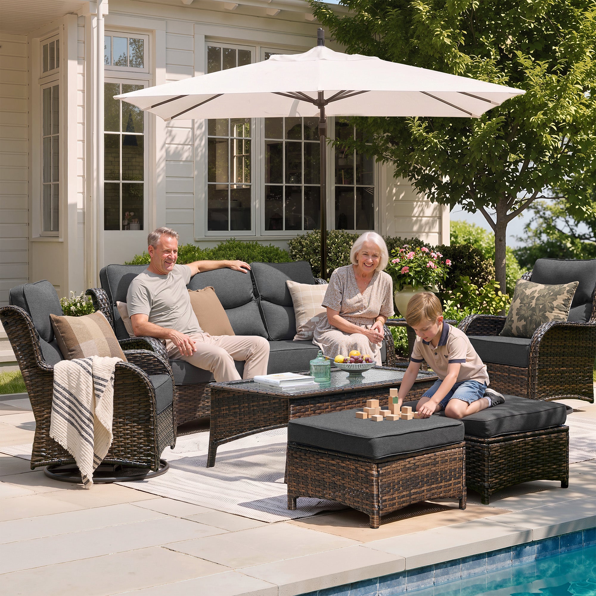 Hawthorne 5 Piece Patio Rattan Sofa Set with Swivel Chairs & Ottomans