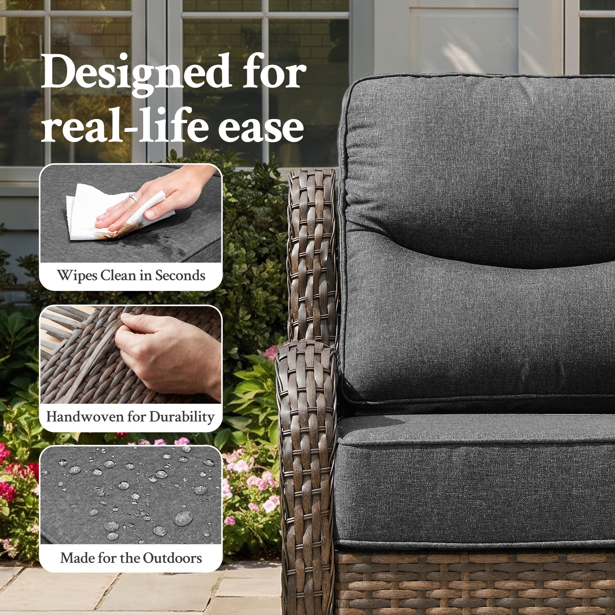 Hawthorne 5 Piece Patio Rattan Sofa Set with Swivel Chairs & Ottomans