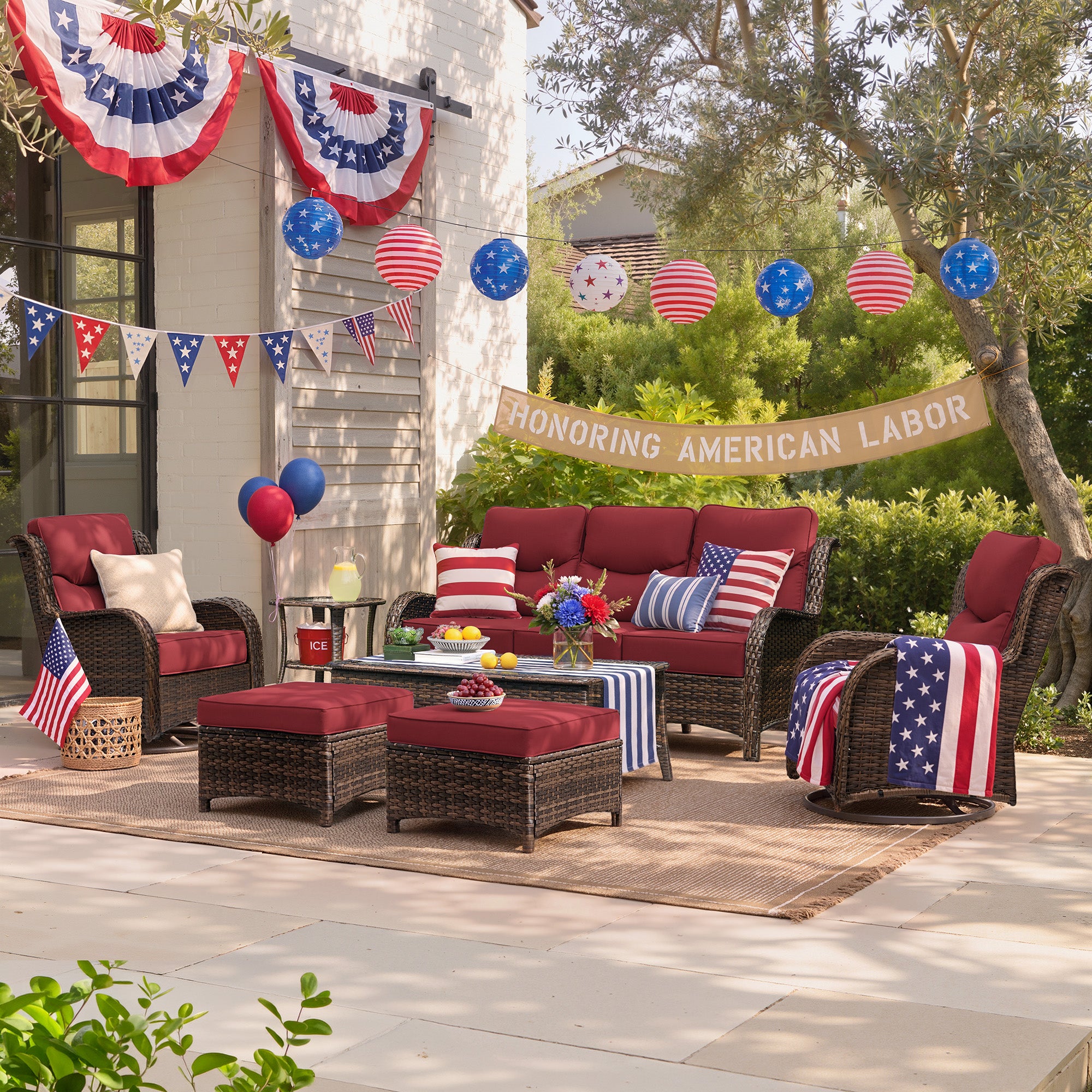 Hawthorne Wicker Furniture Patio Red Sofa And Swivel Glider Chairs With 6-Inch Cushions