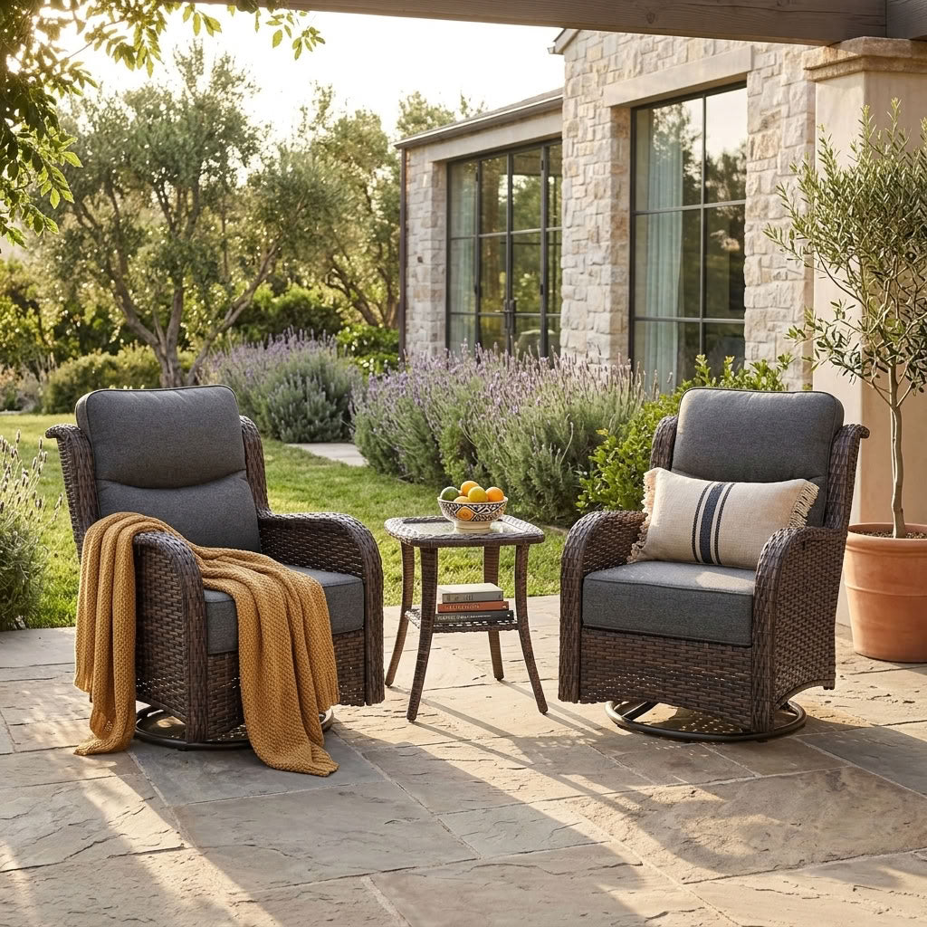 Hawthorne 3 Piece Outdoor Wicker 360° Swivel Conversation Set With Cushions & Side Table For Porch