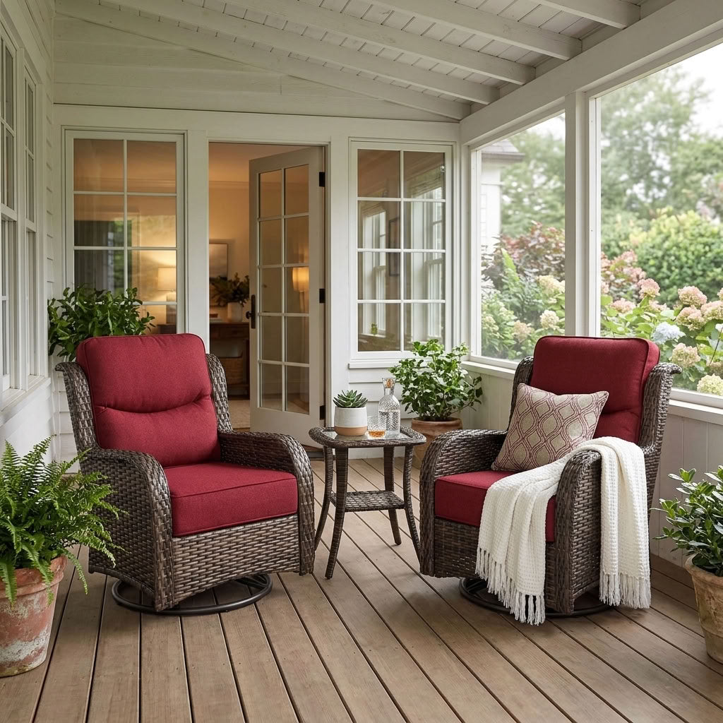 Hawthorne 3 Piece Outdoor Wicker 360° Swivel Conversation Set With Cushions & Side Table For Porch