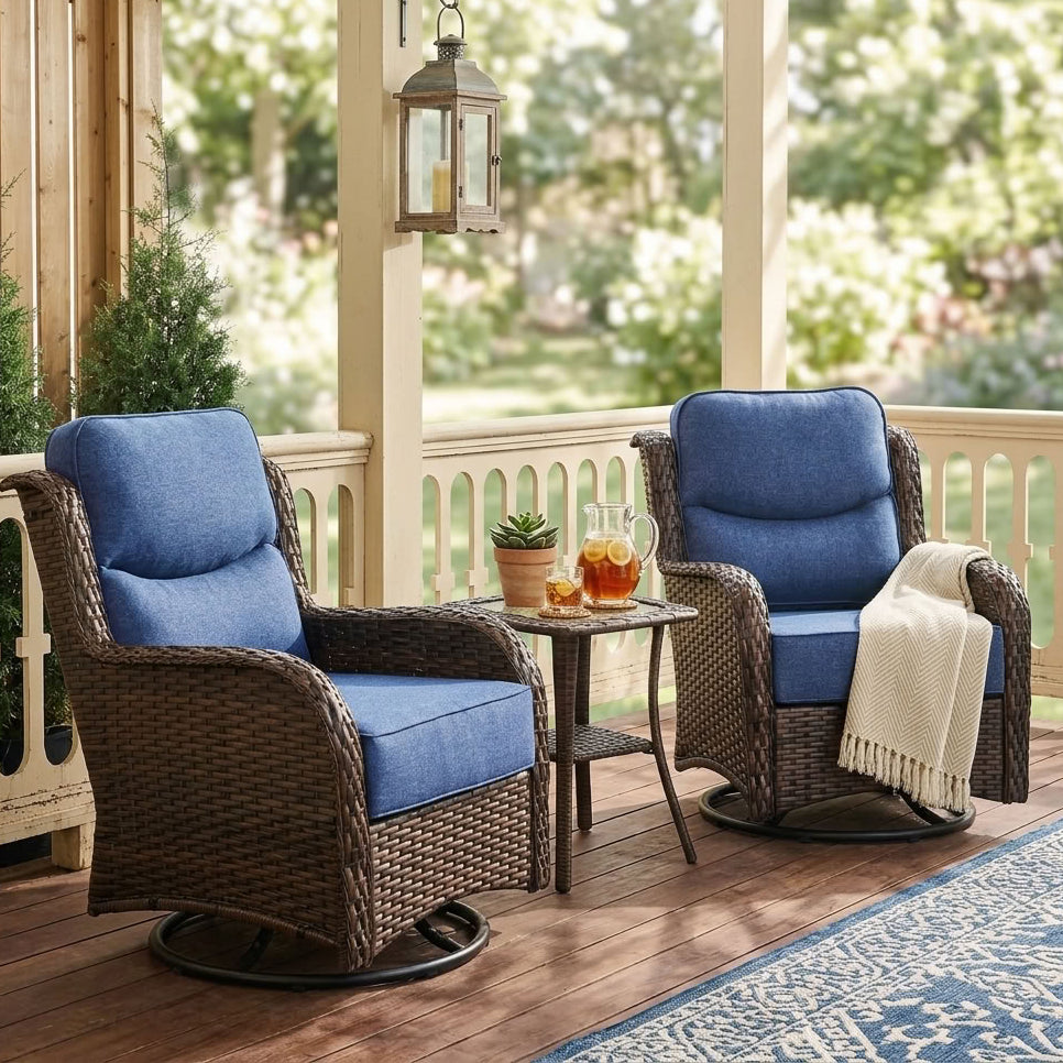 Hawthorne 3 Piece Outdoor Wicker 360° Swivel Conversation Set With Cushions & Side Table For Porch