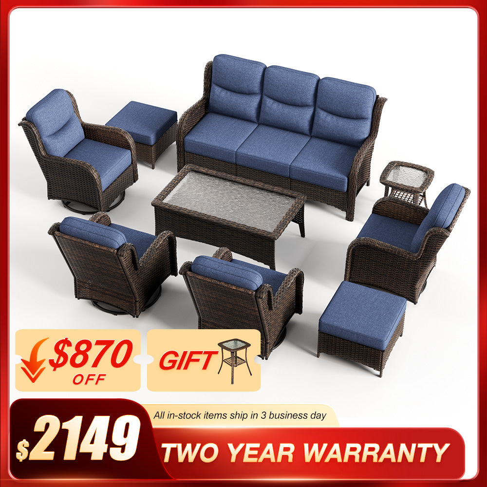 Hawthorne 9 Pieces All Weather Outdoor Wicker Sofa Set with Tables and Cushions for Backyard
