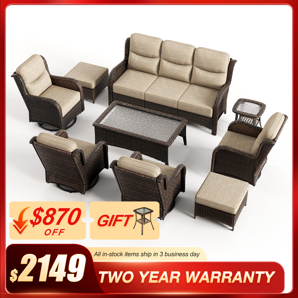 Hawthorne 9 Pieces All Weather Outdoor Wicker Sofa Set with Tables and Cushions for Backyard