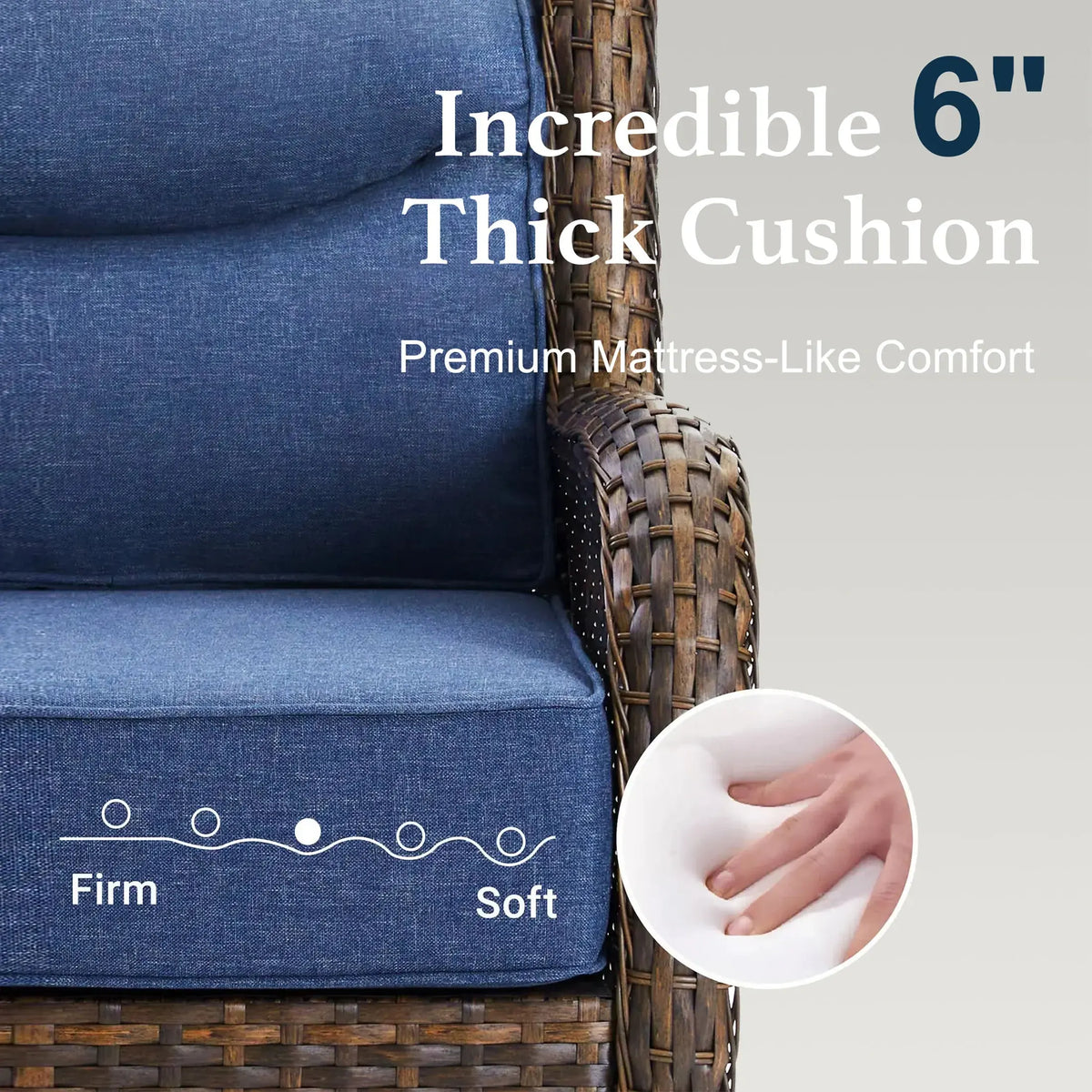Hawthorne Blue Wicker Furniture Patio Sofa And Swivel Glider Chairs With 6-Inch Cushions