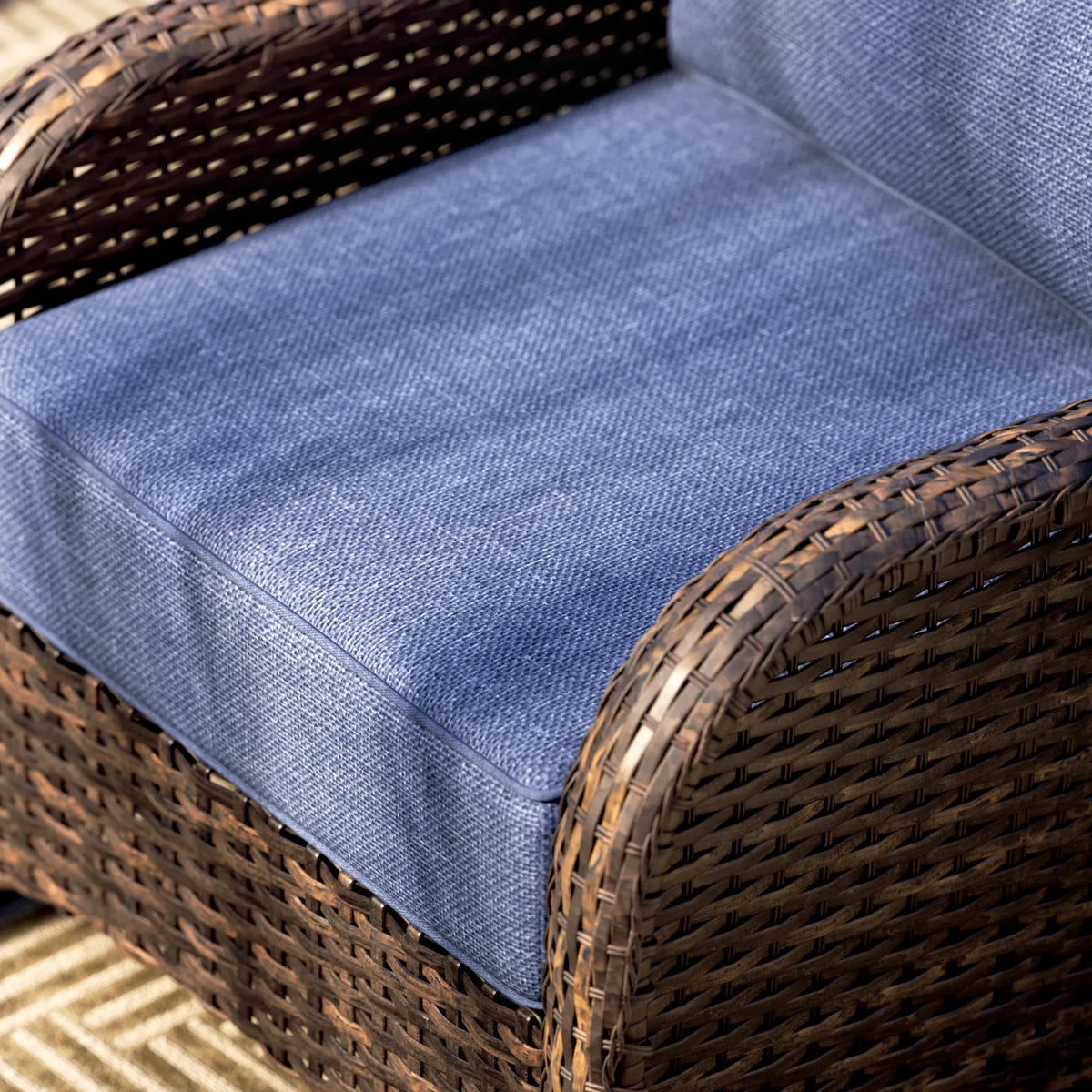 Hawthorne Blue Wicker Furniture Patio Sofa And Swivel Glider Chairs With 6-Inch Cushions