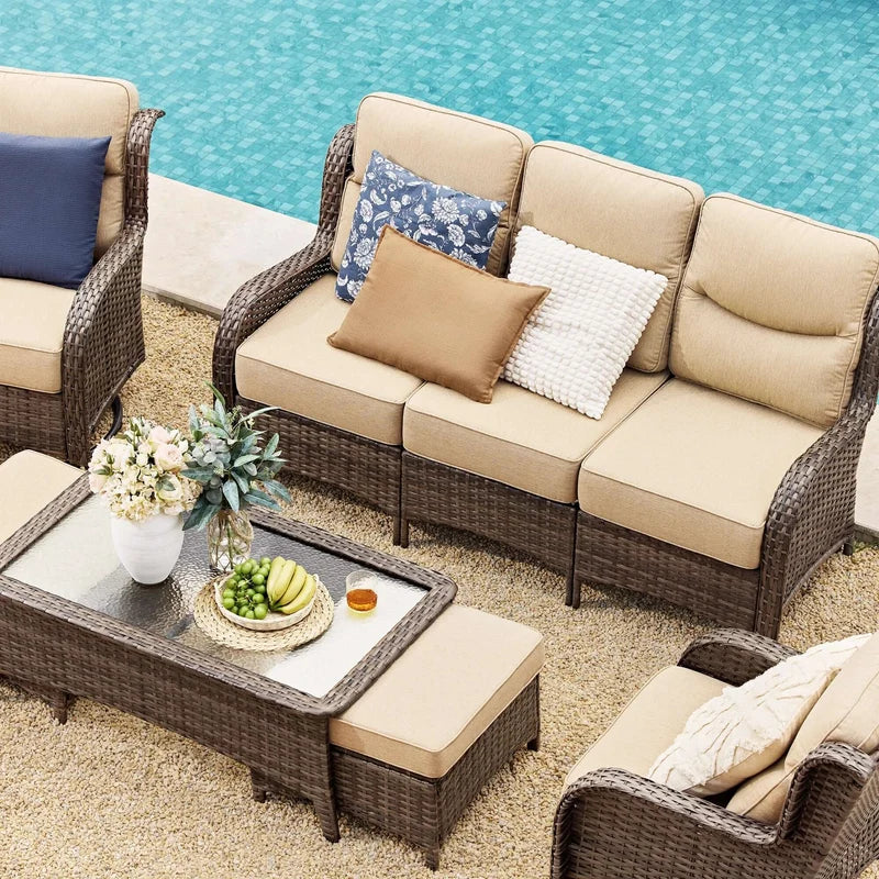 Hawthorne Sand Wicker Furniture Patio Sofa And Swivel Glider Chairs With 6-Inch Cushions
