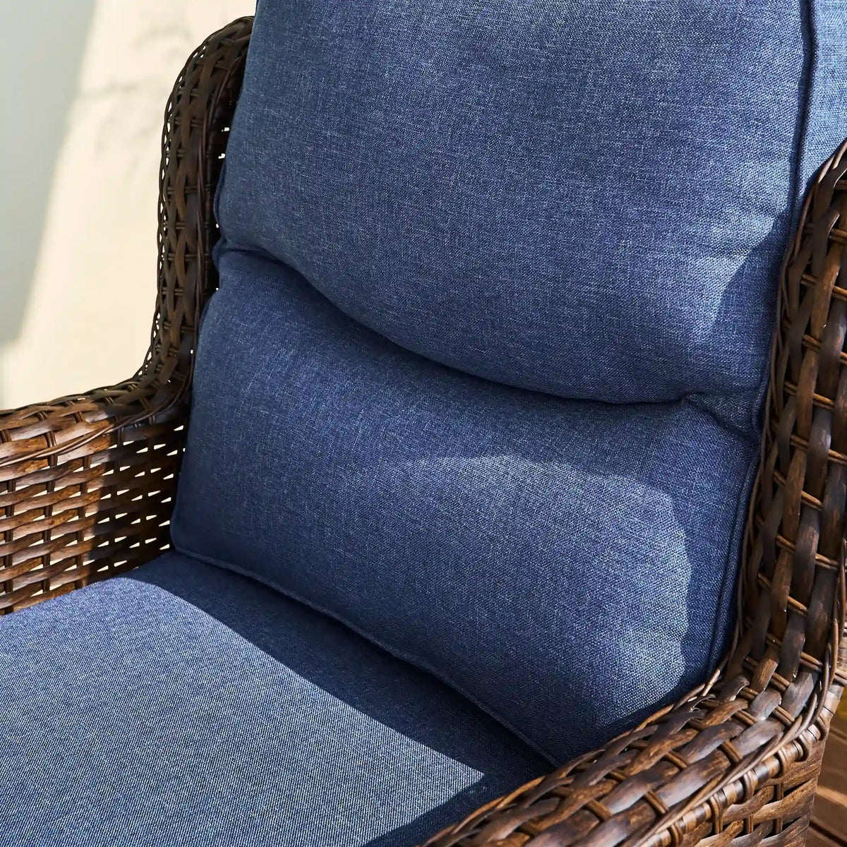 Hawthorne Blue Wicker Furniture Patio Sofa And Swivel Glider Chairs With 6-Inch Cushions