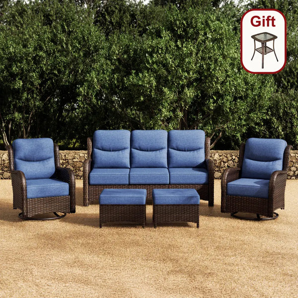 Hawthorne 5 Piece Patio Rattan Sofa Set with Swivel Chairs & Ottomans