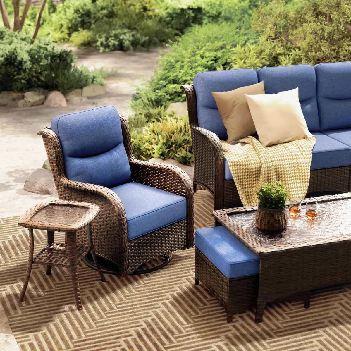Hawthorne Blue Wicker Furniture Patio Sofa And Swivel Glider Chairs With 6-Inch Cushions