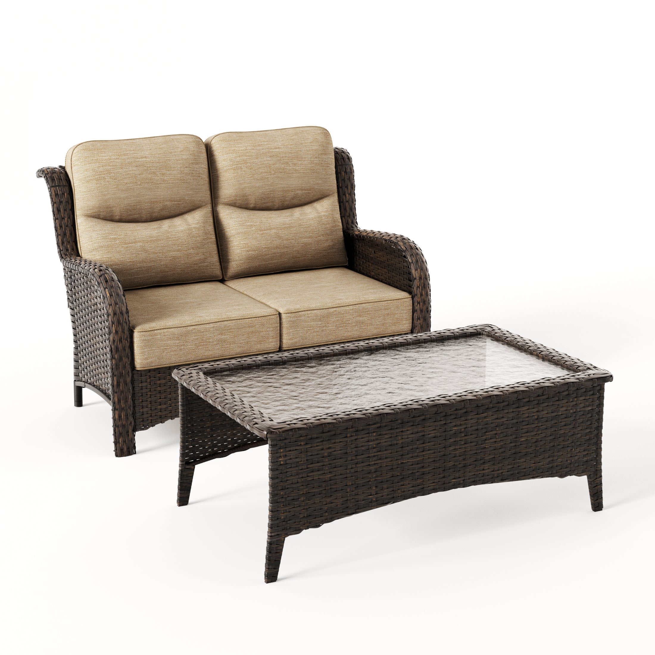 Hawthorne Sand Wicker Furniture Patio High Back Sofa And Swivel Glider Chairs With 6-Inch Cushions