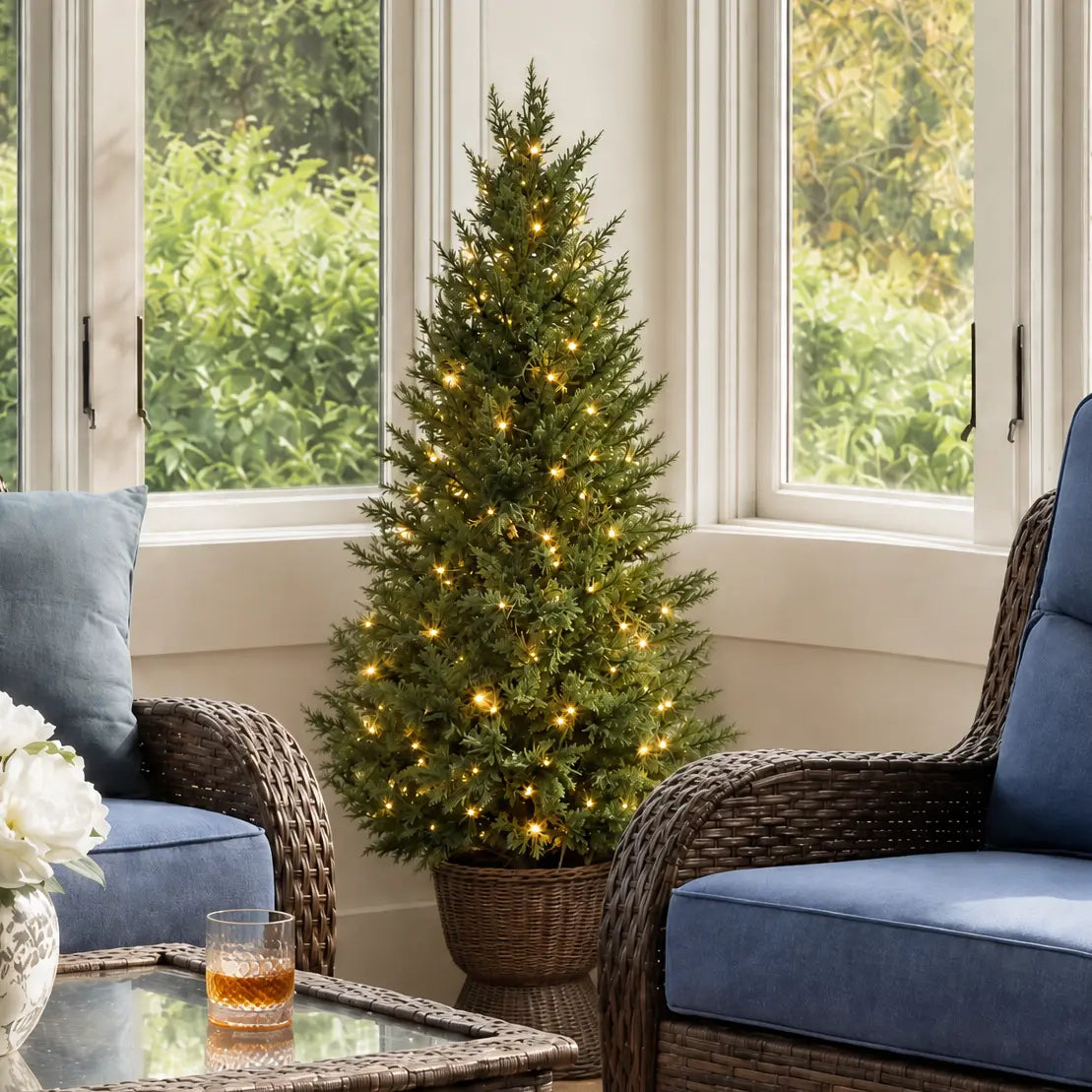 4 ft Pre-Lit Cedar Potted Porch Tree In Woven Urn Colored LED