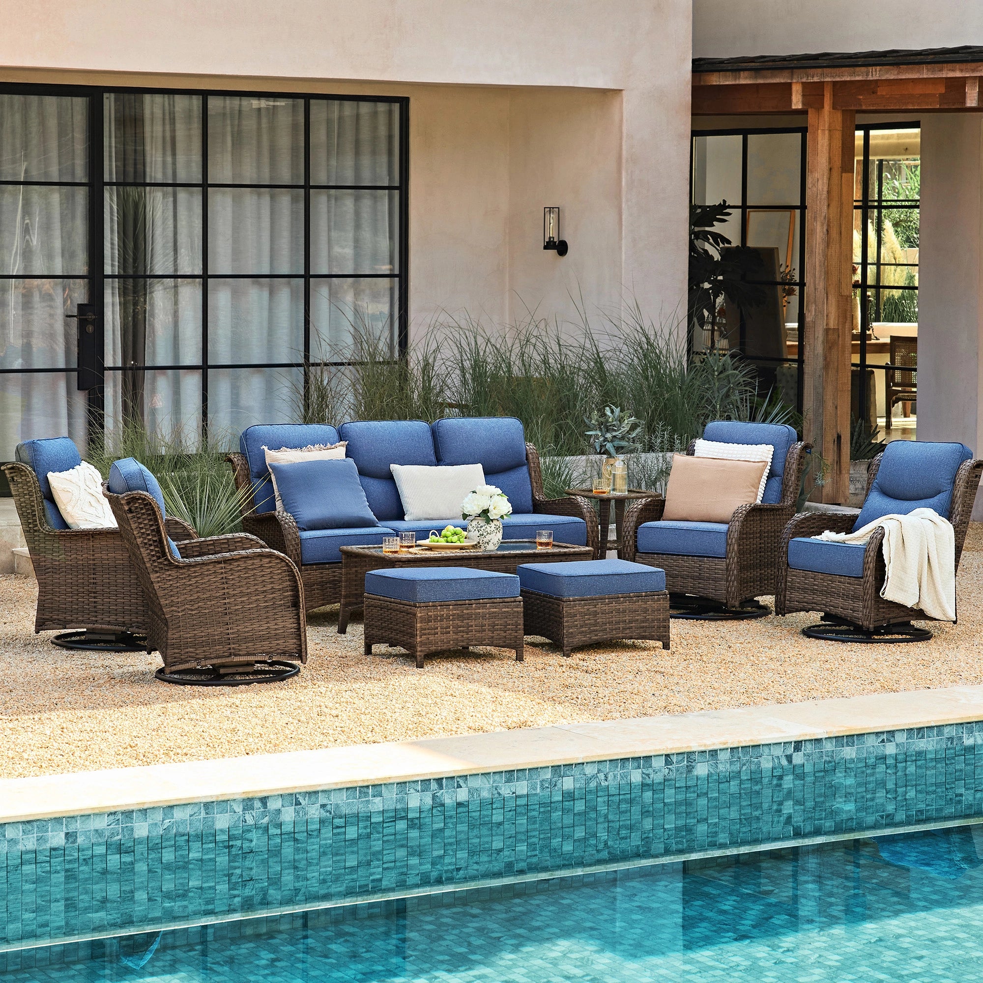 Hawthorne 9 Pieces All Weather Outdoor Wicker Sofa Set with Tables and Cushions for Backyard