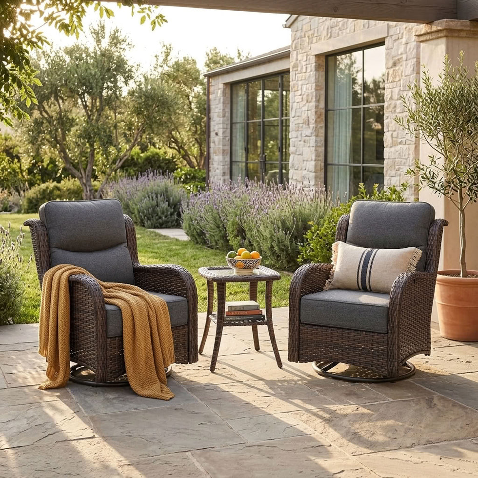 Hawthorne 3 Piece Outdoor Wicker 360° Swivel Conversation Set With Cushions & Side Table For Porch
