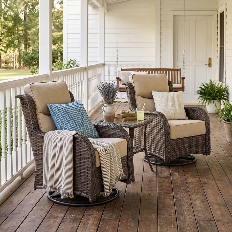 Hawthorne Sand Wicker Furniture Patio Sofa And Swivel Glider Chairs With 6-Inch Cushions