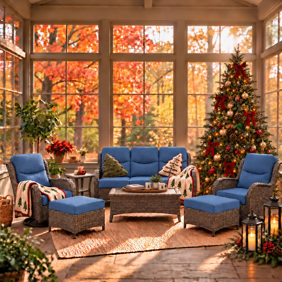 Hawthorne 6 Pieces Outdoor Wicker Sofa Set With 7.5 ft Pre-Lit Noble Fir Christmas Tree