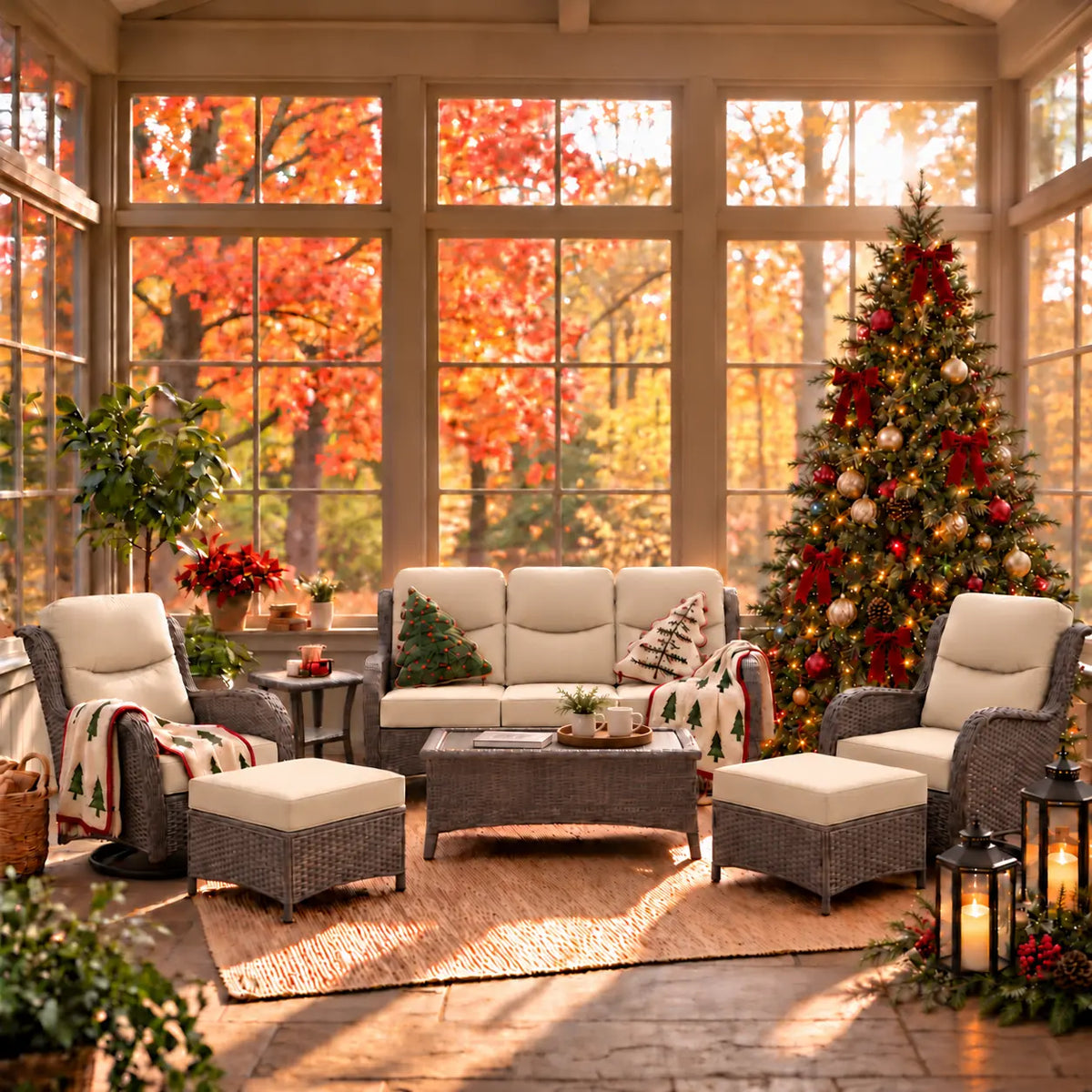 Hawthorne 6 Pieces Outdoor Wicker Sofa Set With 7.5 ft Pre-Lit Noble Fir Christmas Tree