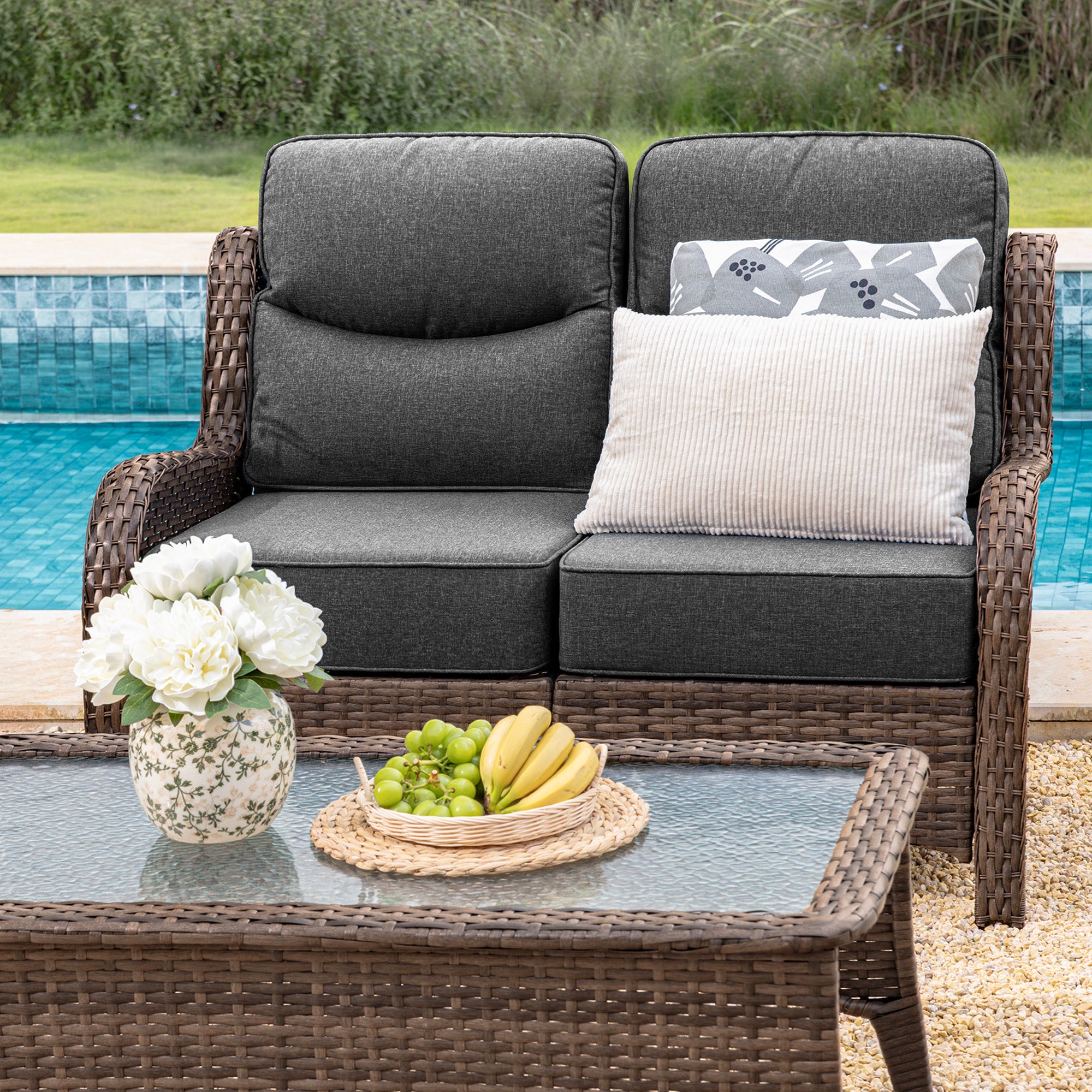 Hawthorne Patio Rattan 2 Seater Loveseat With High Back Design & 6-Inch Cushions
