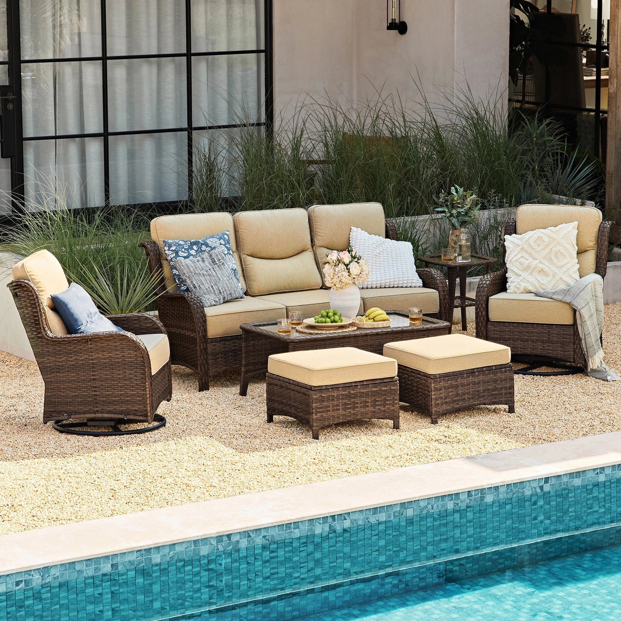 Hawthorne 9 Piece All Weather Outdoor Wicker Furniture Set With Removable khaki Covers