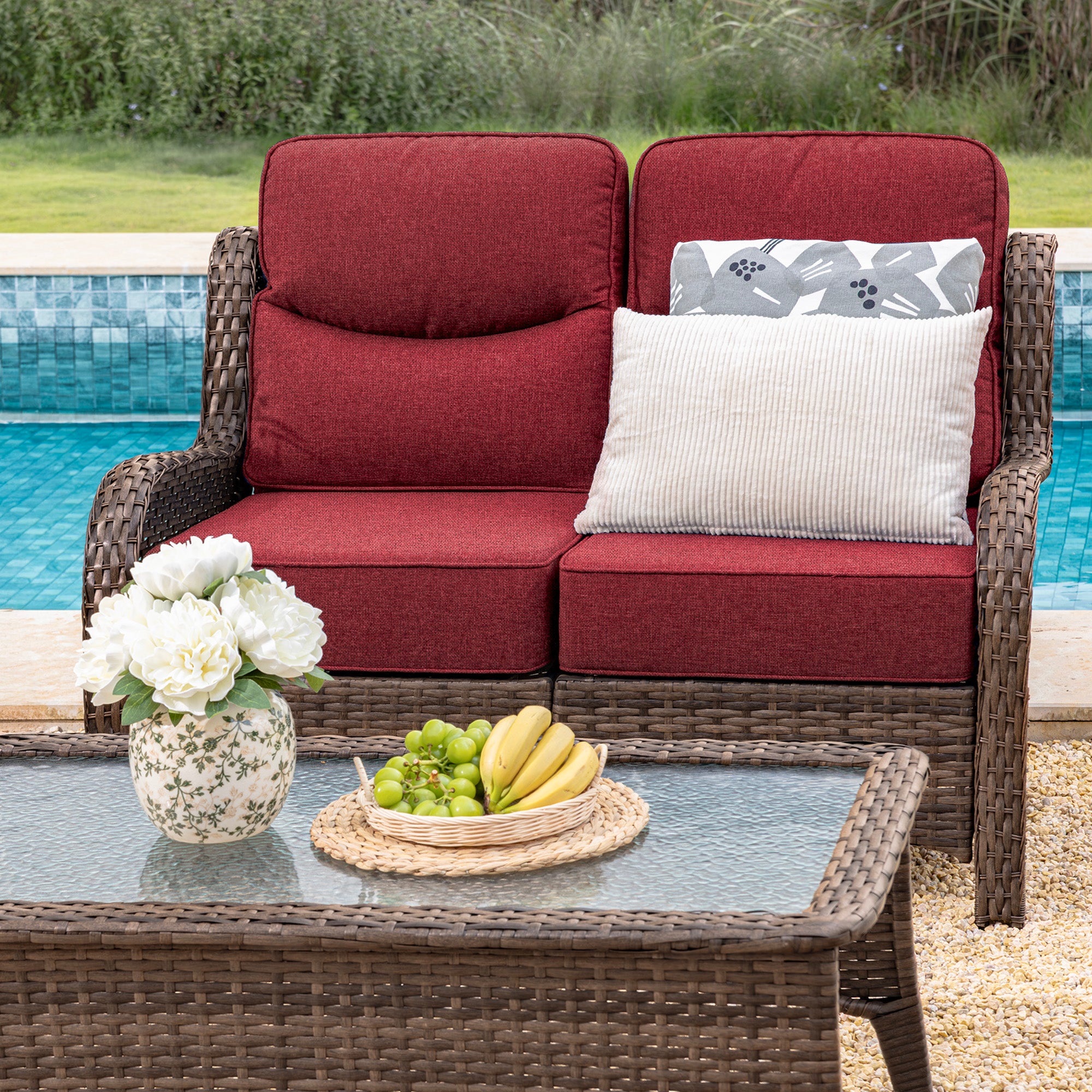 Hawthorne Patio Rattan 2 Seater Loveseat With High Back Design & 6-Inch Cushions