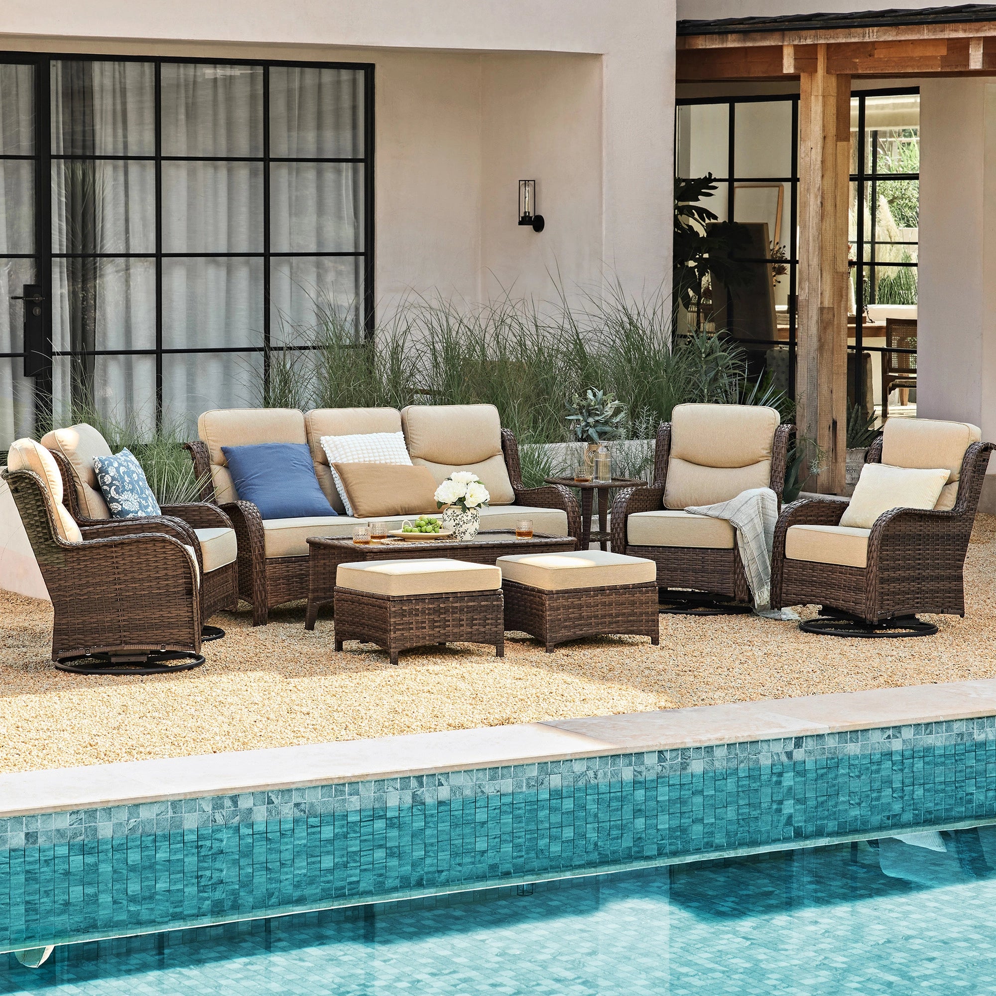 Hawthorne 9 Pieces All Weather Outdoor Wicker Sofa Set with Tables and Cushions for Backyard
