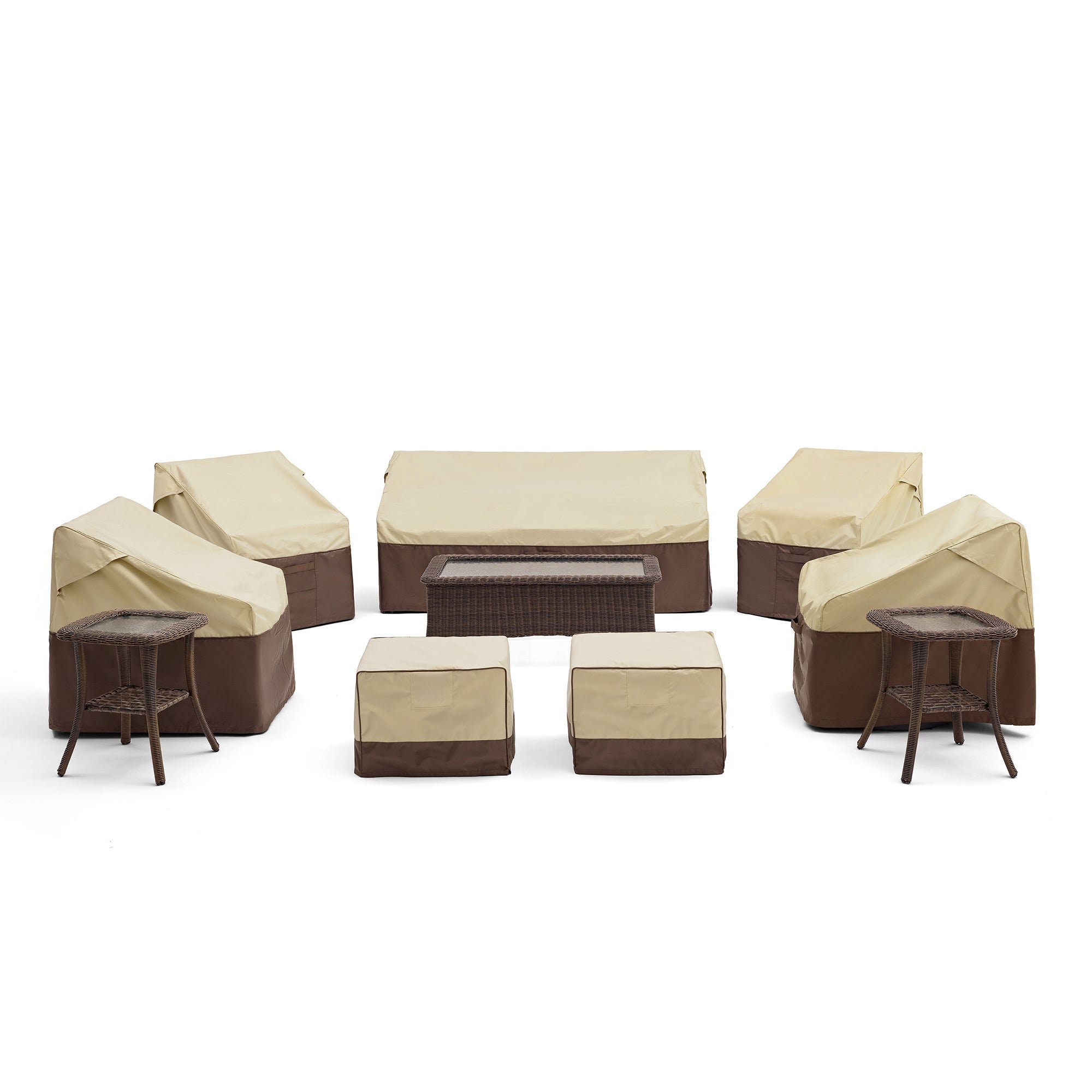 Ardenelle Luxury 9 Piece Patio Wicker Sofa Set With Ottomans, Tables And Covers