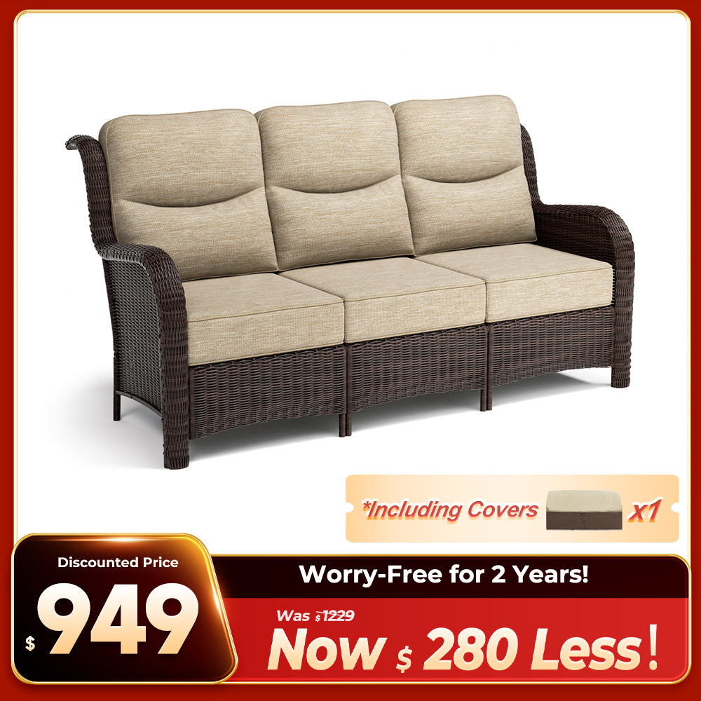 Ardenelle Luxury 3 Piece Patio Wicker Conversation Set With High Back 6-Inch Cushions For Deck