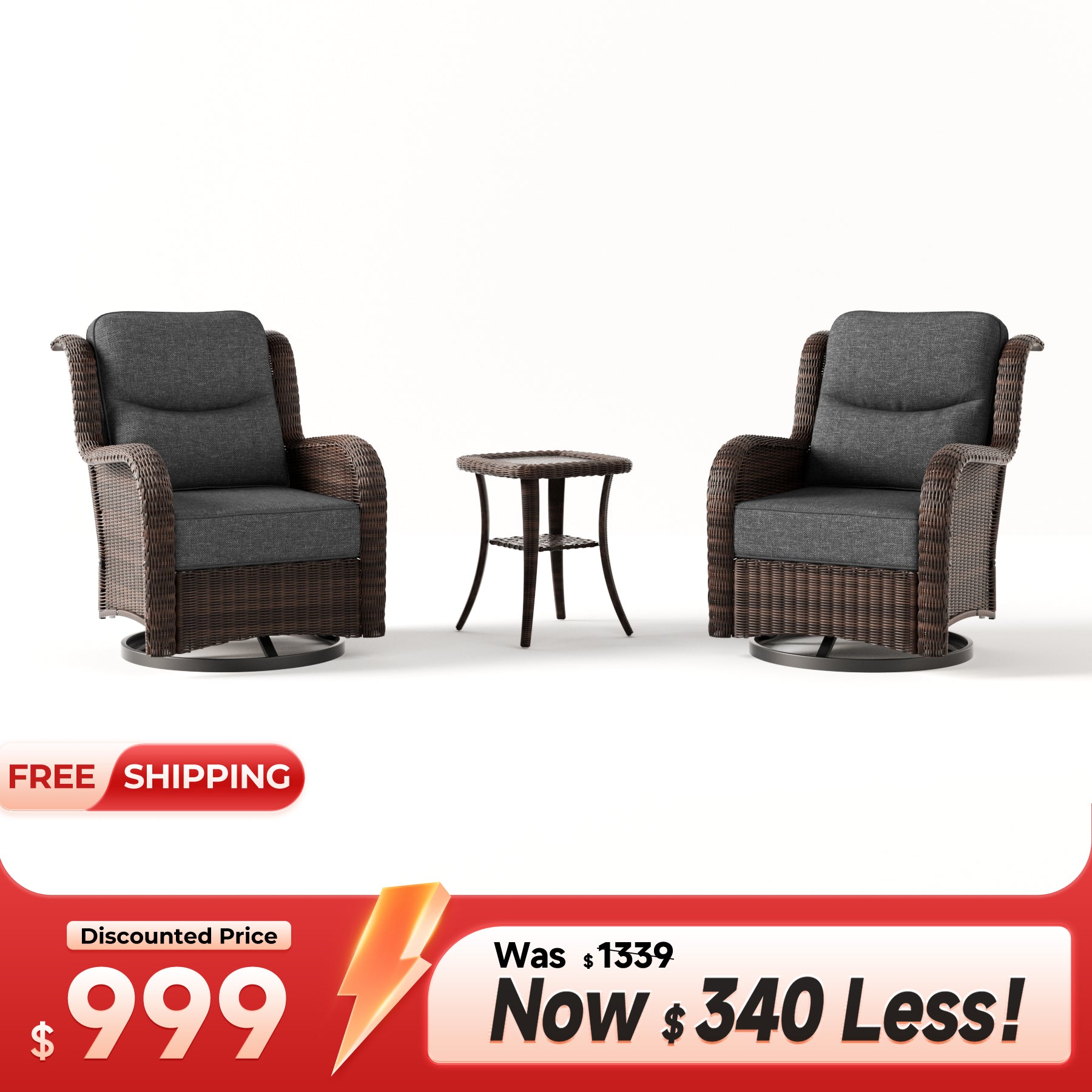 Ardenelle Luxury 3 Piece Patio Wicker Conversation Set With Side Table And Covers