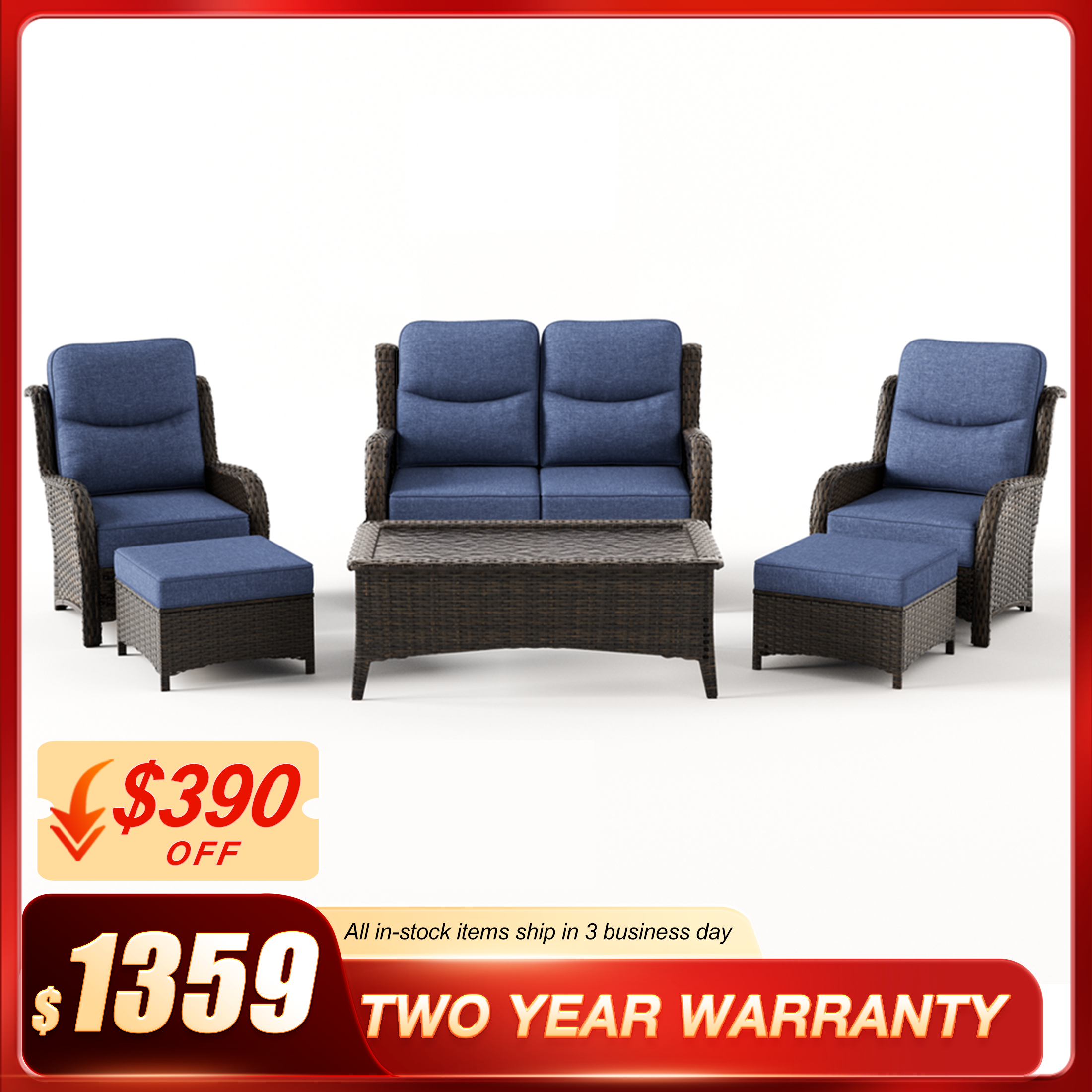Hawthorne 6 Piece Patio Wicker Lounge Chairs And Loveseat Set With Coffee Table And Ottomans