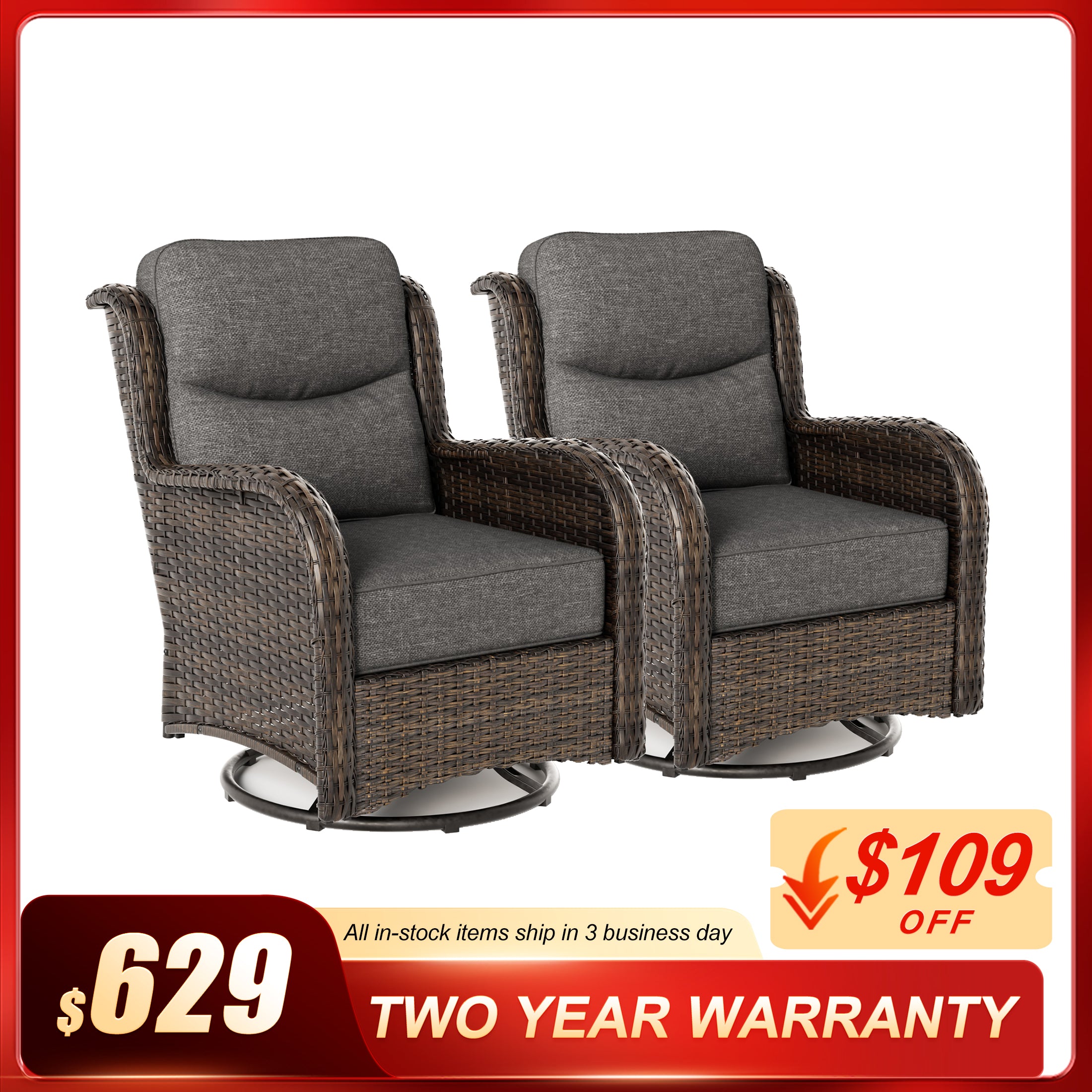 Hawthorne 2 Piece Outdoor Wicker  Swivel Gliding Chairs Set With 6-Inch Cushions & Sturdy Base