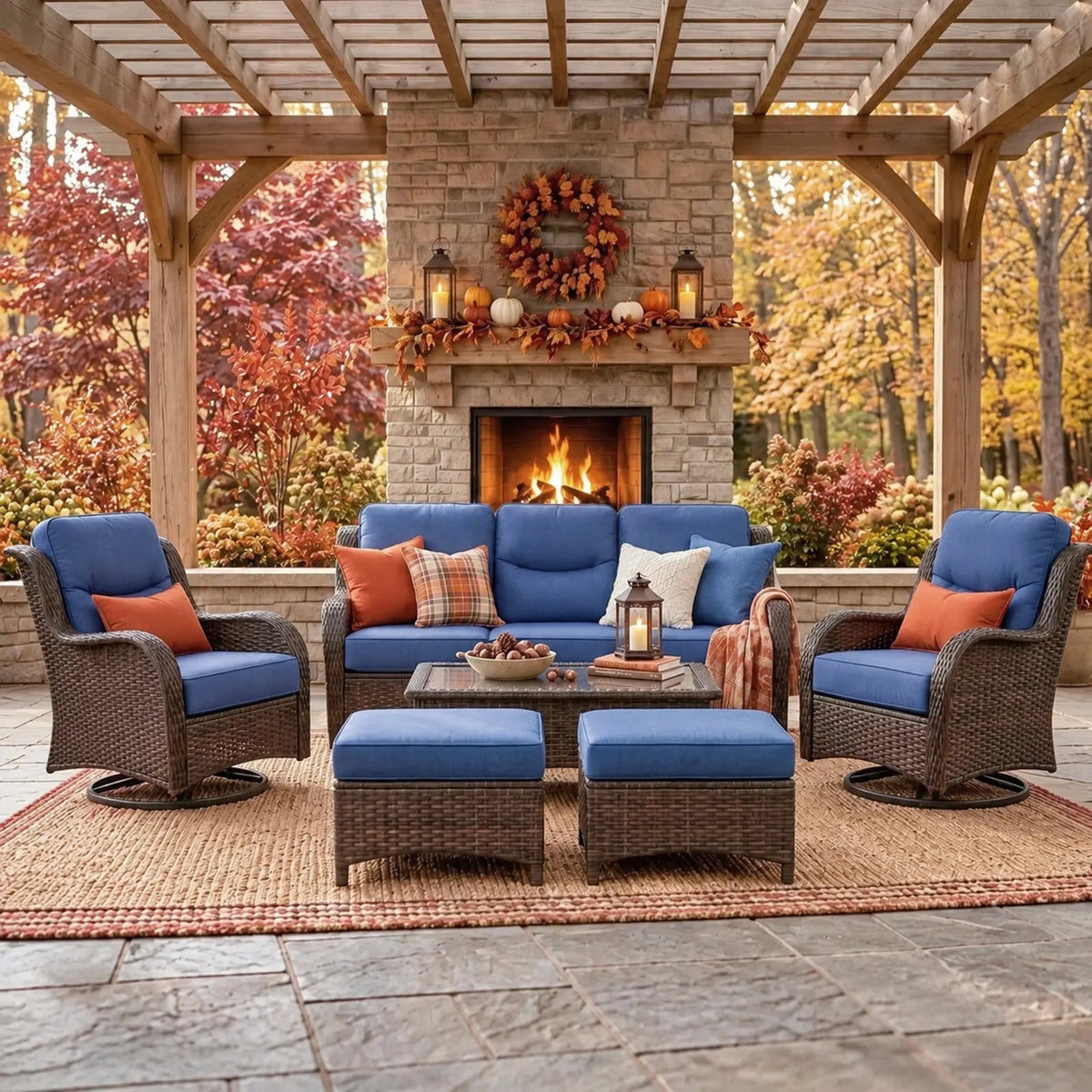 Hawthorne 6 Pieces Outdoor Wicker Sofa Set With 7.5 ft Pre-Lit Noble Fir Christmas Tree