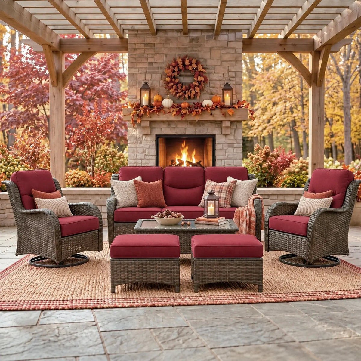 Hawthorne 6 Pieces Outdoor Wicker Sofa Set With 7.5 ft Pre-Lit Noble Fir Christmas Tree
