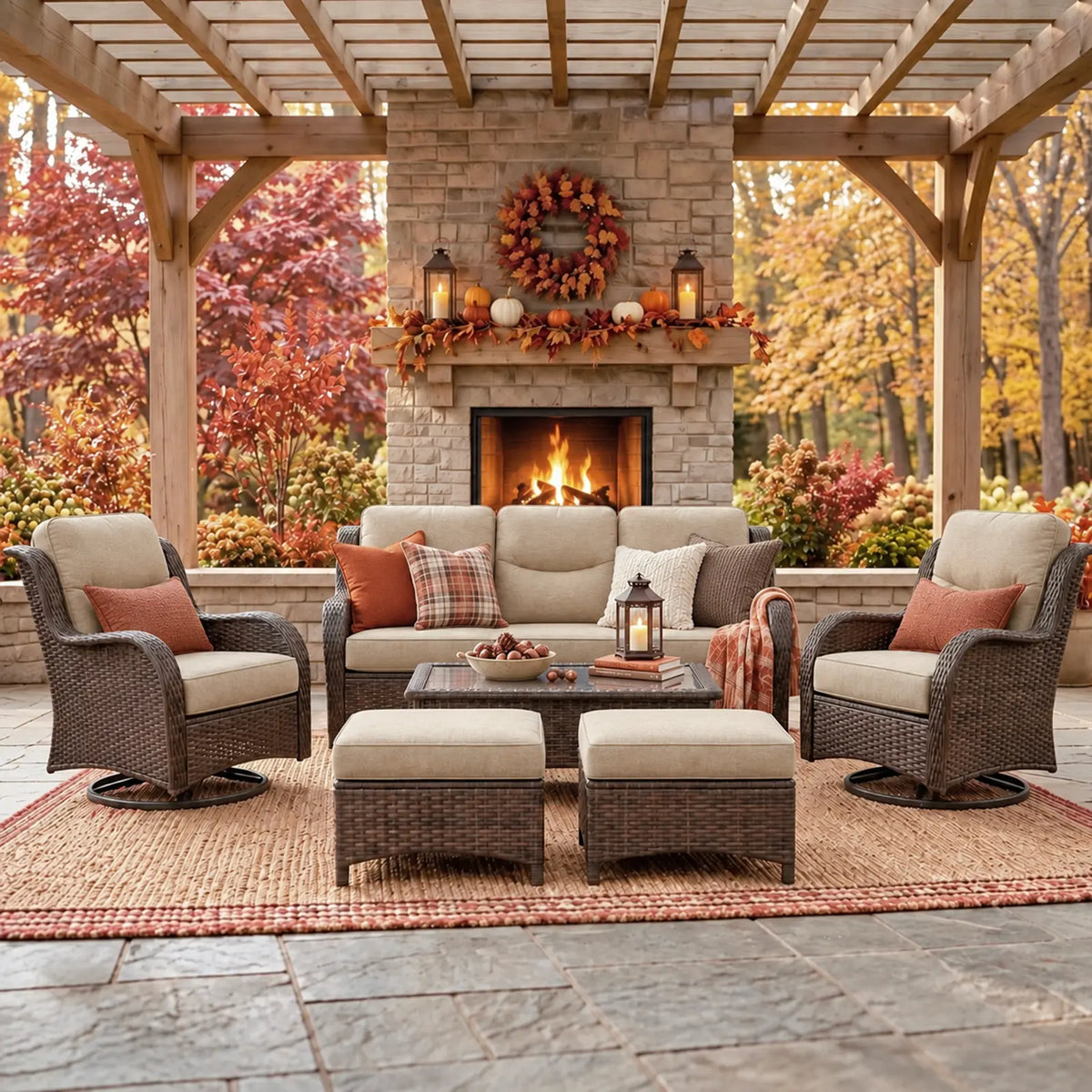 Hawthorne 6 Pieces Outdoor Wicker Sofa Set With 7.5 ft Pre-Lit Noble Fir Christmas Tree