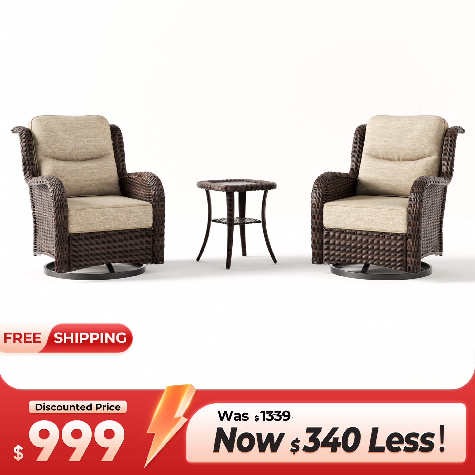 Ardenelle Luxury 3 Piece Patio Wicker Conversation Set With Side Table And Covers