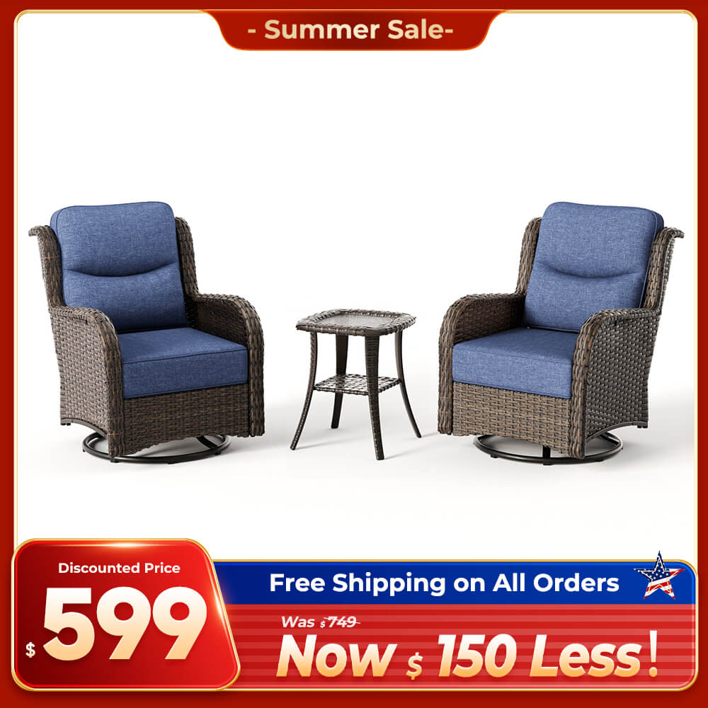 Hawthorne 3 Piece Outdoor Wicker 360° Swivel Conversation Set With Cushions & Side Table For Porch