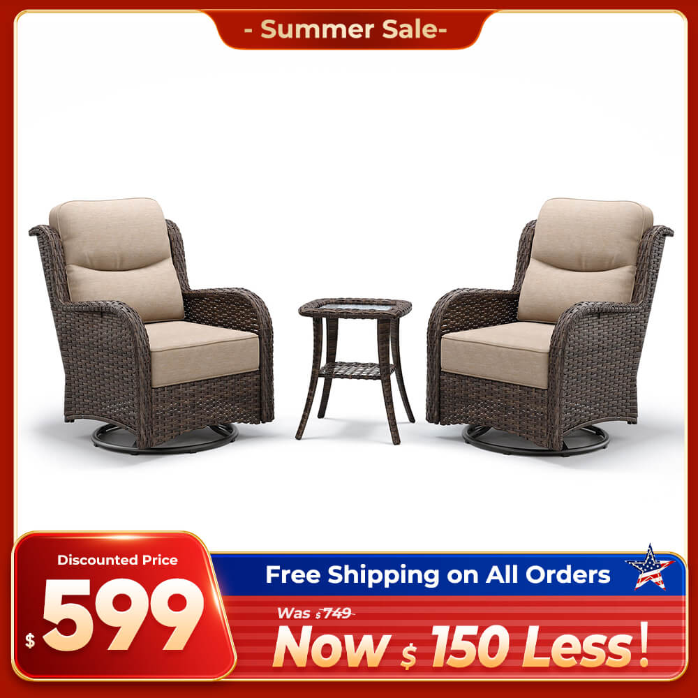 Hawthorne 3 Piece Outdoor Wicker 360° Swivel Conversation Set With Cushions & Side Table For Porch