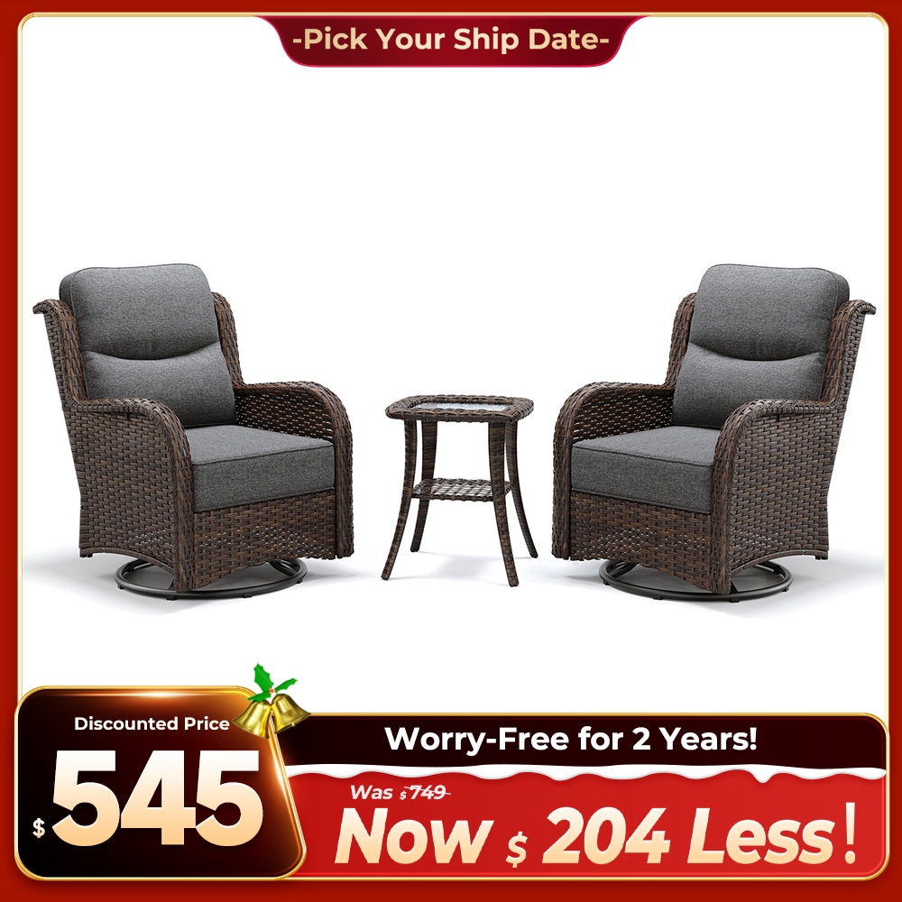 Hawthorne 3 Piece Outdoor Wicker 360° Swivel Conversation Set With Cushions & Side Table For Porch