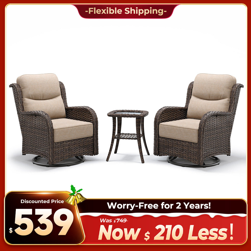 Hawthorne 3 Piece Outdoor Wicker 360° Swivel Conversation Set With Cushions & Side Table For Porch