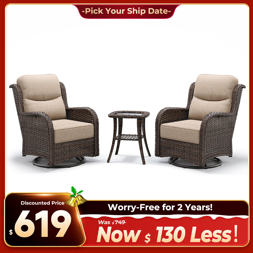Hawthorne 3 Piece Outdoor Wicker 360° Swivel Conversation Set With Cushions & Side Table For Porch